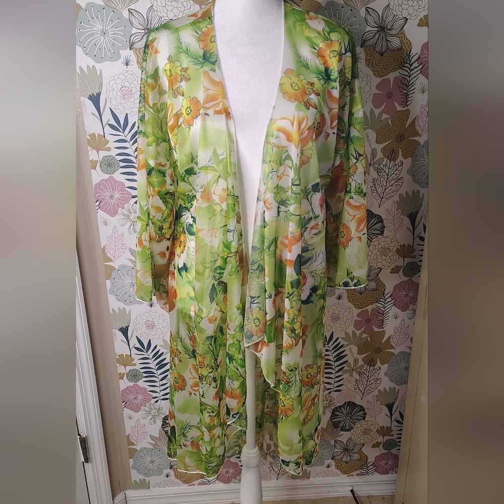 Floral Green Sheer Women's Kimono Dressing Gown Robe Beach Cover Up O/S